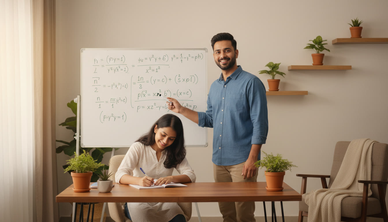 Photo Idea : A tutor explaining a derivation on a whiteboard while a student takes notes