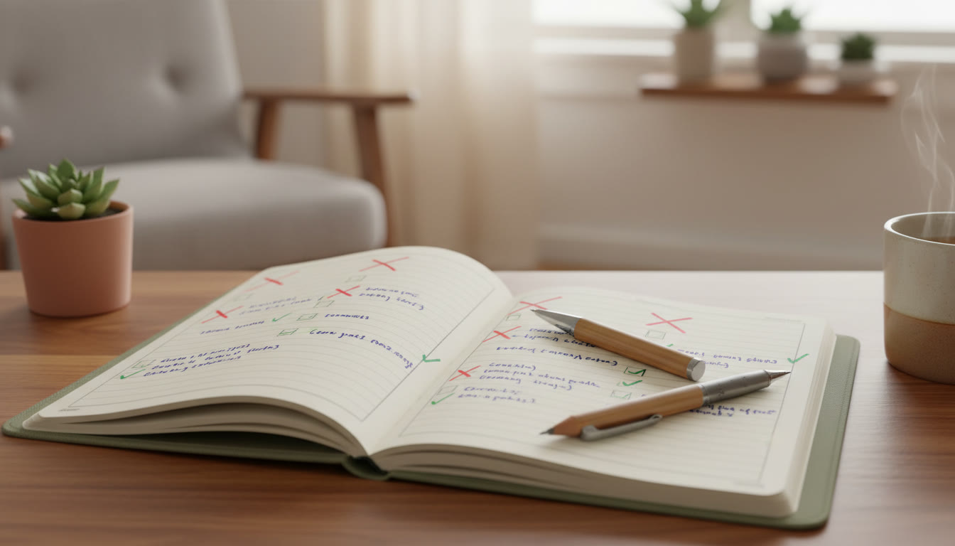 Photo Idea : Close-up of a neat error log notebook with crossed-out mistakes and corrected solutions