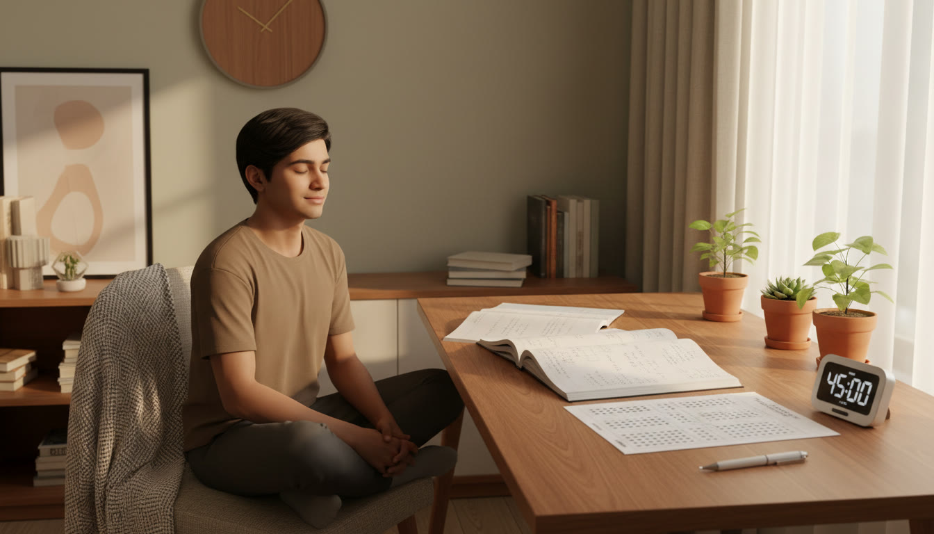 Photo Idea : Student calmly studying with open notebooks, a timer and a mock OMR sheet on a desk