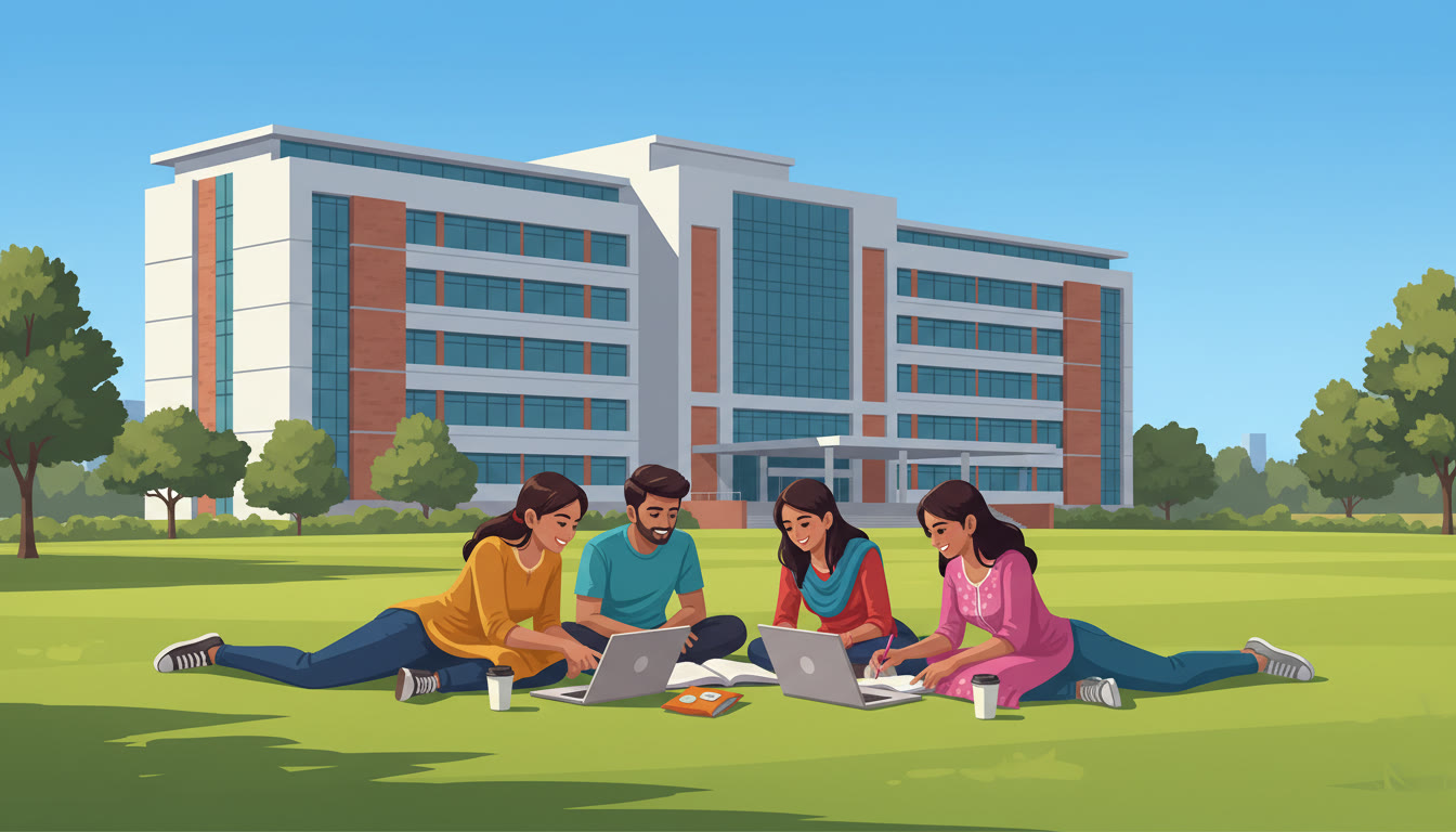 Photo Idea : Students studying together on a green college lawn with a visible hospital building behind them