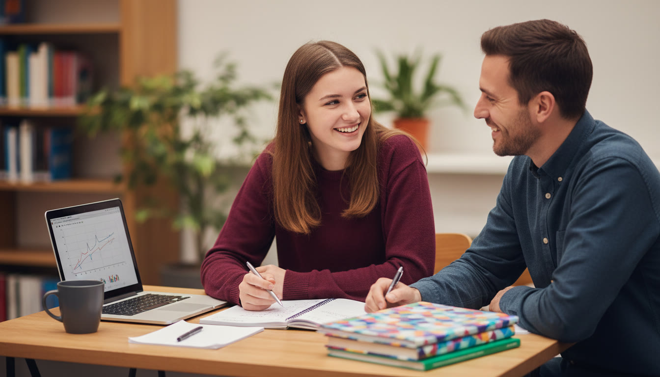 Photo Idea : A student and mentor talking at a small table with notebooks, a laptop, and IB materials spread out