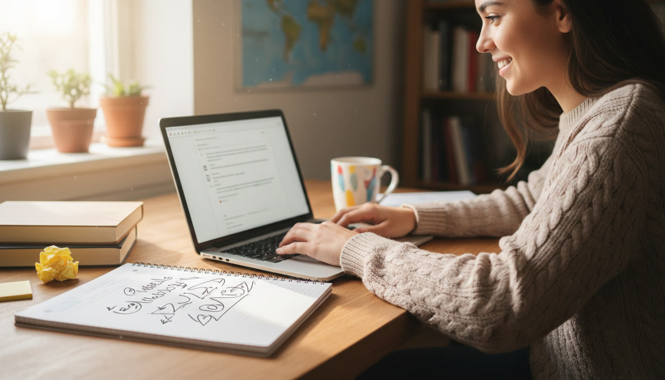 Photo Idea : A focused IB student at a desk drafting a polite research cold email, laptop open, handwritten notes beside it.