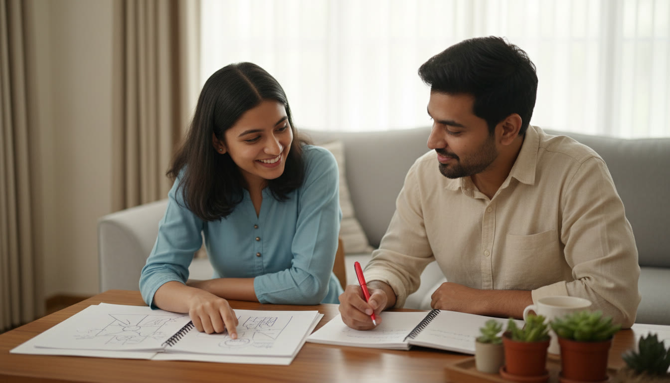 Photo Idea : A student reviewing a mock answer with a tutor, pointing at a diagram while marking corrections in a notebook.