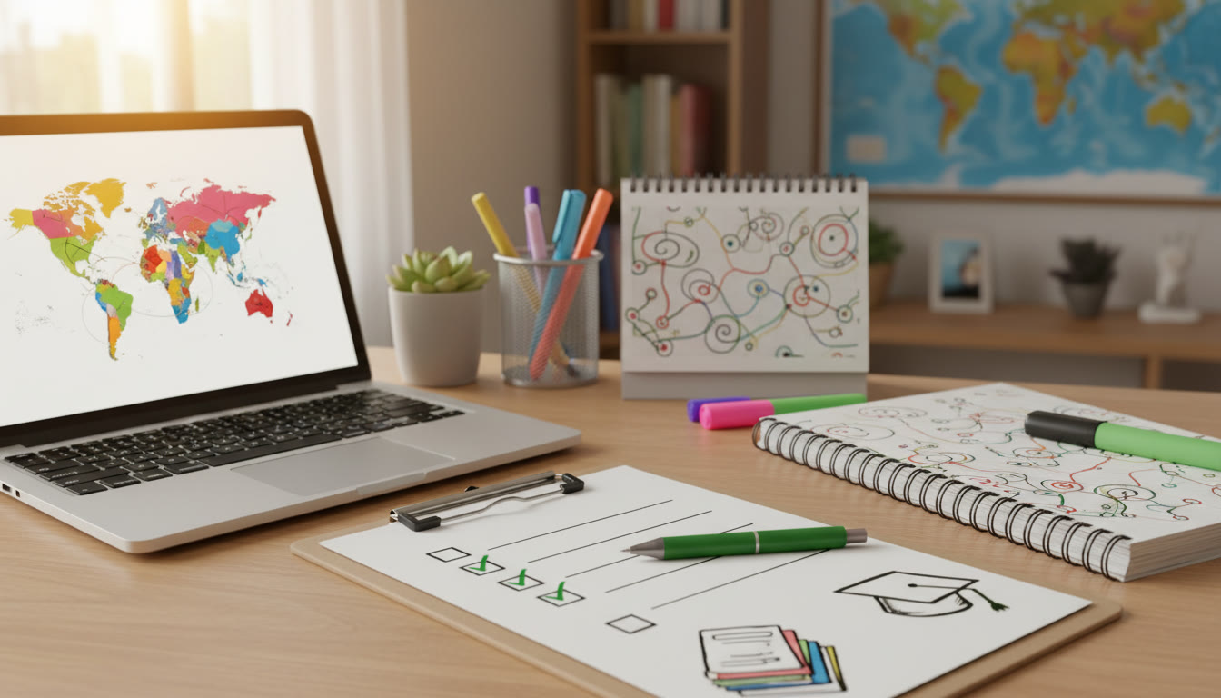 Photo Idea : A neat checklist on a desk with a laptop, IB notes, and a small calendar