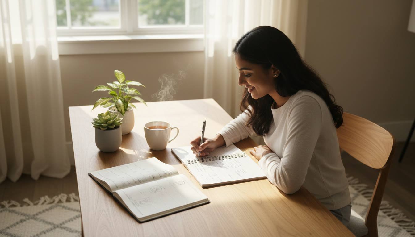 Photo Idea : A focused student at a tidy desk with a planner, open notebook, and a mug of tea, morning light streaming through a window