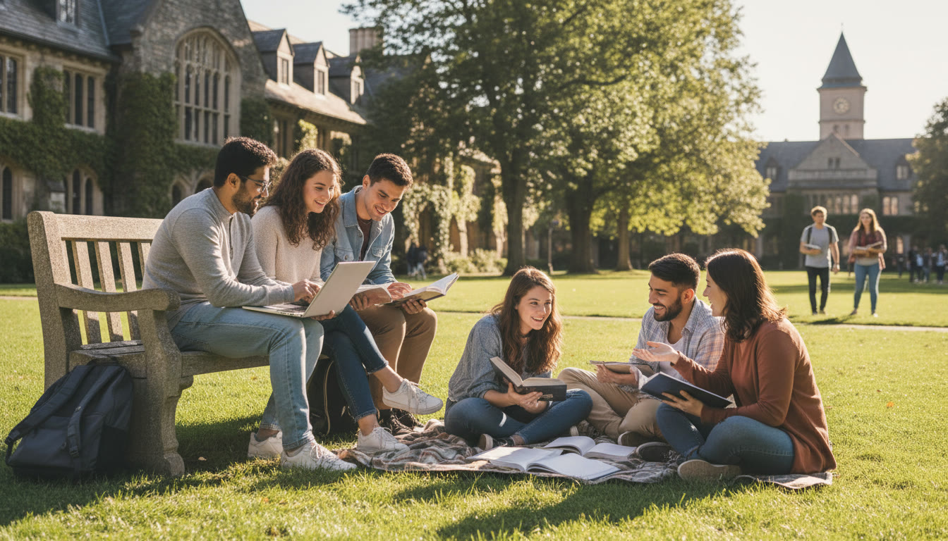 Photo Idea : A diverse group of IB students studying together on a sunny university quad