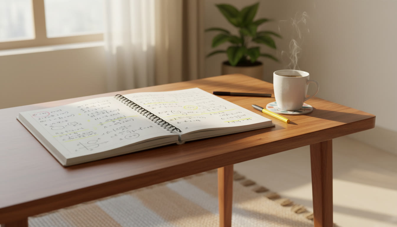 Photo Idea : Open notebook showing solved problems with notes, highlighter, and a coffee mug