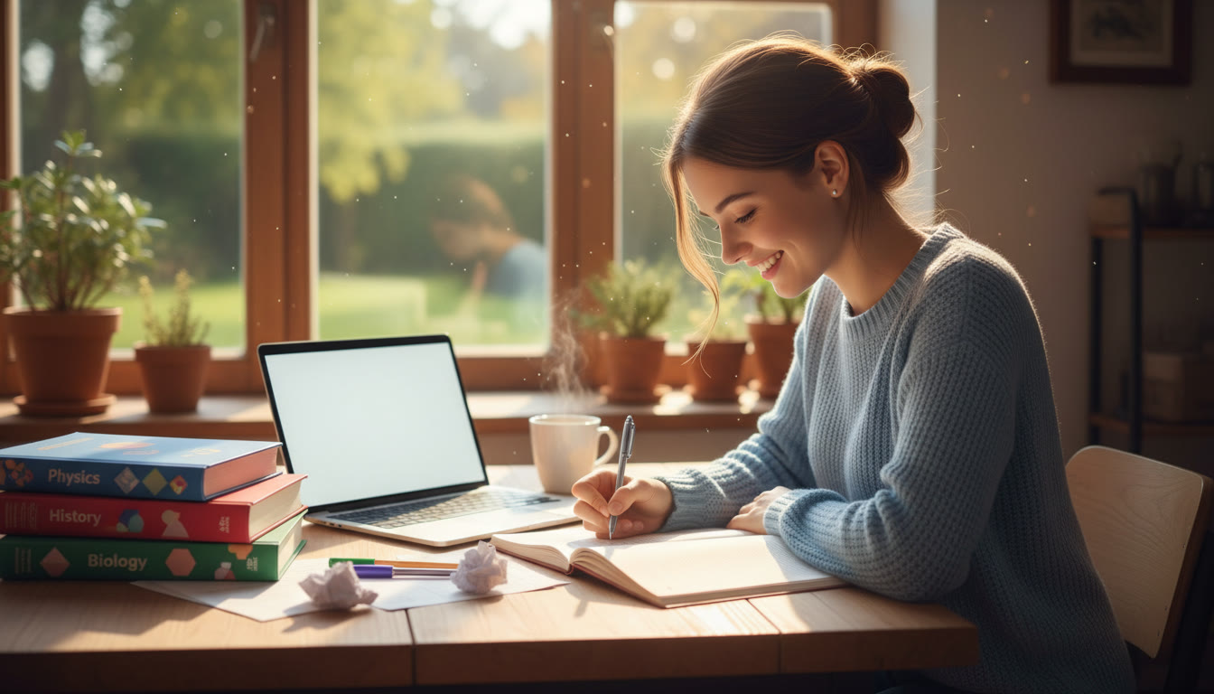 Photo Idea : Student at a desk writing in a notebook with IB textbooks and a laptop nearby, warm natural light