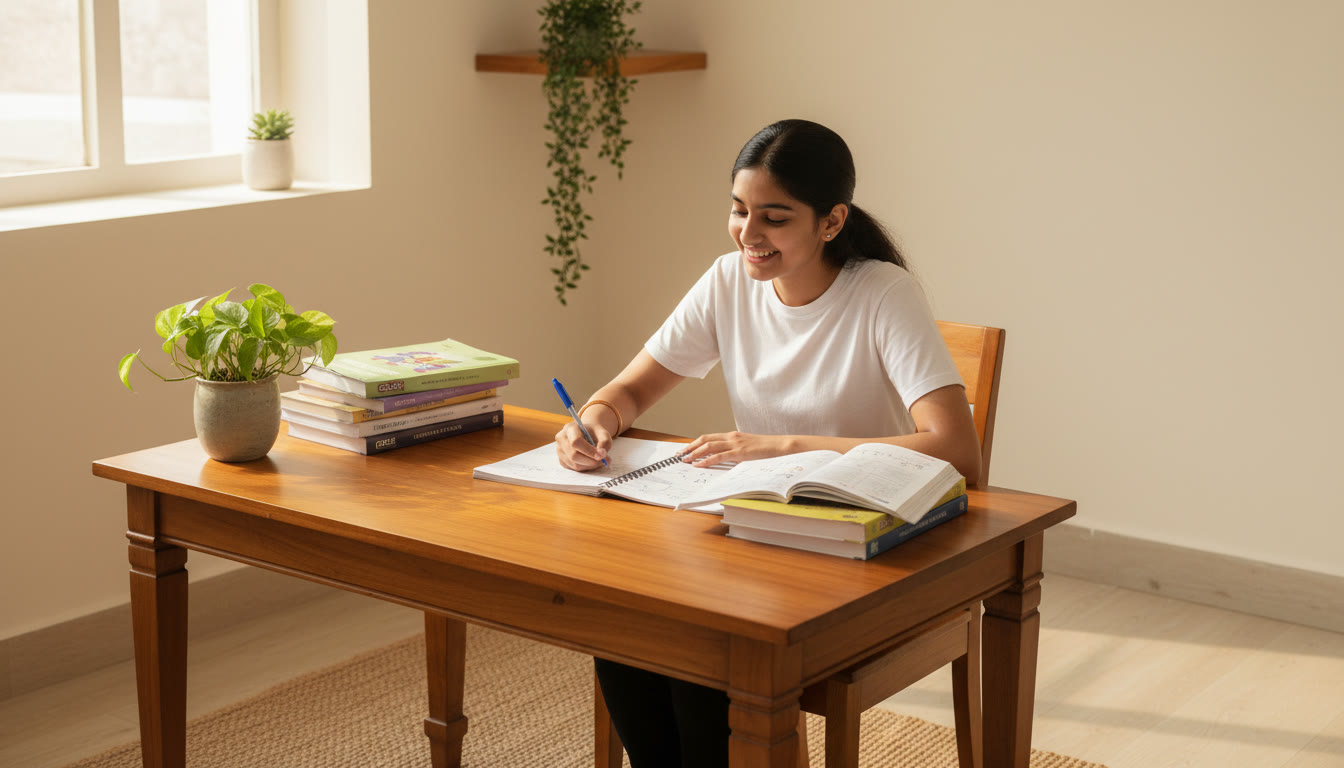 Photo Idea : A focused student at a desk surrounded by textbooks and a neatly organised notebook, mid-study with a pen in hand