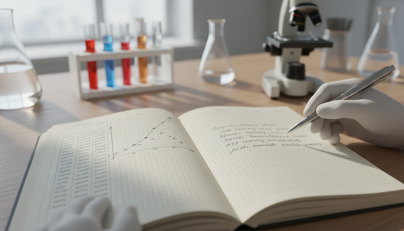 Photo Idea : Close-up of a lab notebook showing raw data, a graph, and a short written interpretation