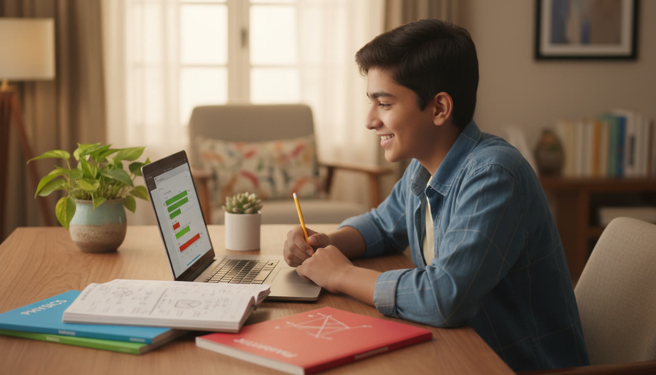 Photo Idea : A focused student at a desk with three subject notebooks (Physics, Chemistry, Mathematics) and a laptop showing a timed mock test
