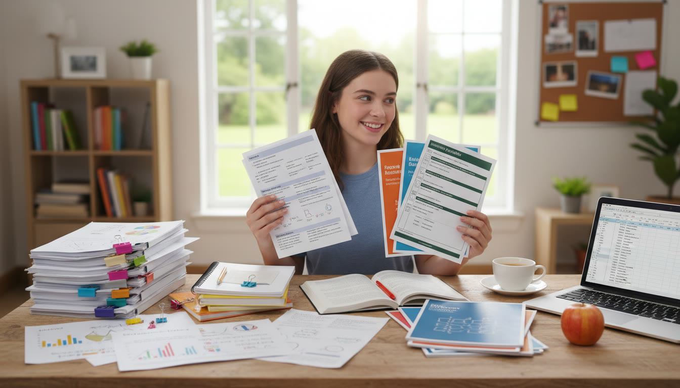 Photo Idea : Student at a desk comparing mock exam papers and university checklists