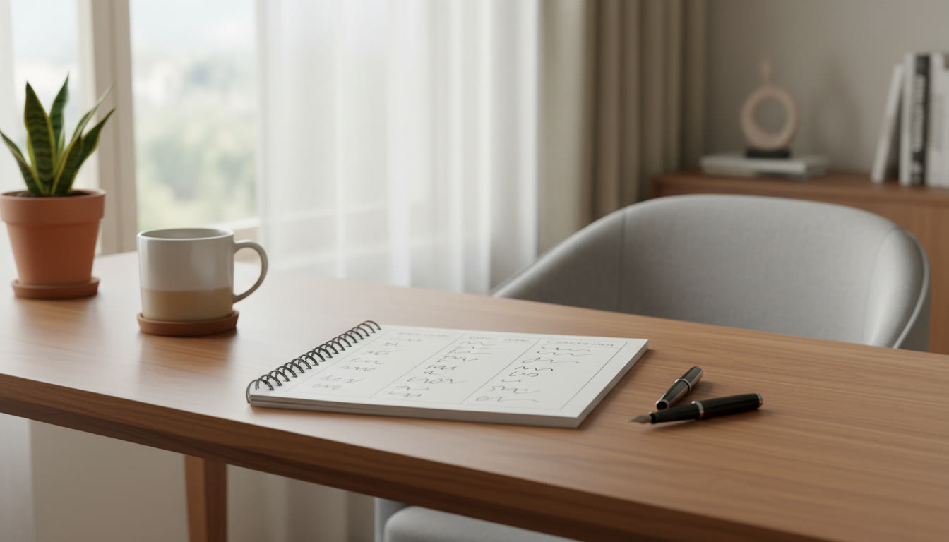 Photo Idea : A neat desk with an open notebook labeled 