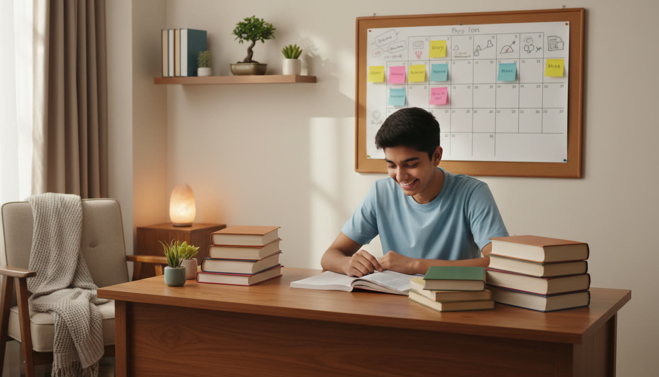 Photo Idea : A focused student at a tidy desk surrounded by Physics, Chemistry, and Mathematics books with a sticky-note calendar showing a weekly study plan