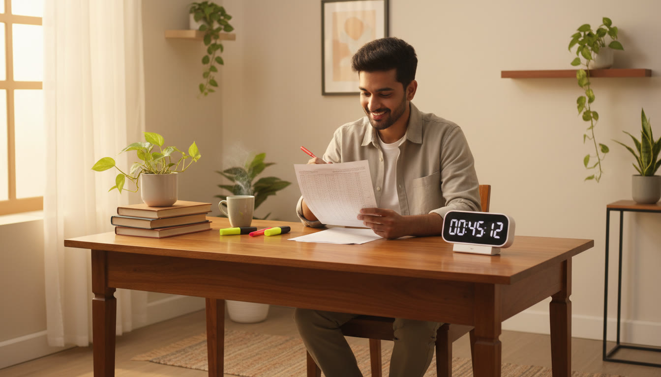 Photo Idea : Student calmly reviewing an OMR sheet at a desk with a timer in view
