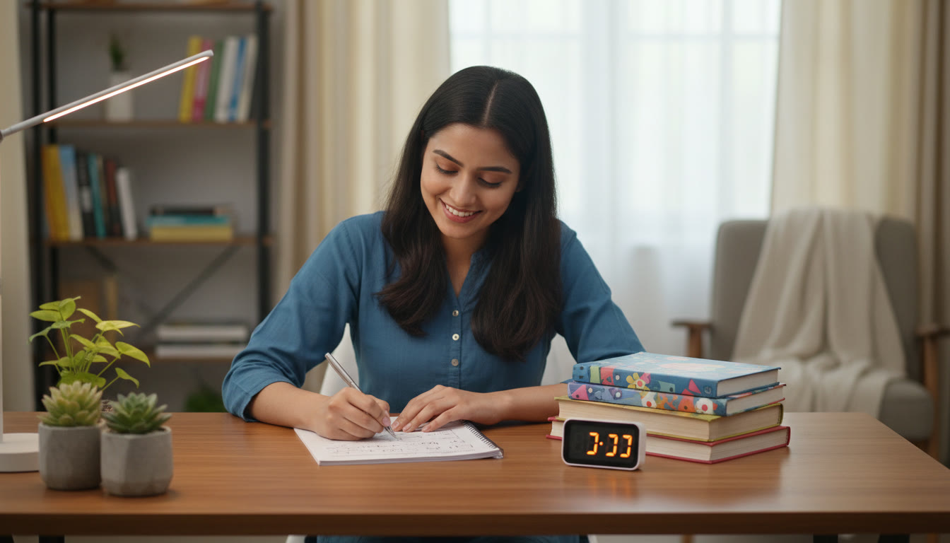 Photo Idea : A focused student at a tidy desk with CBSE textbooks, a printed question paper, and a visible countdown timer