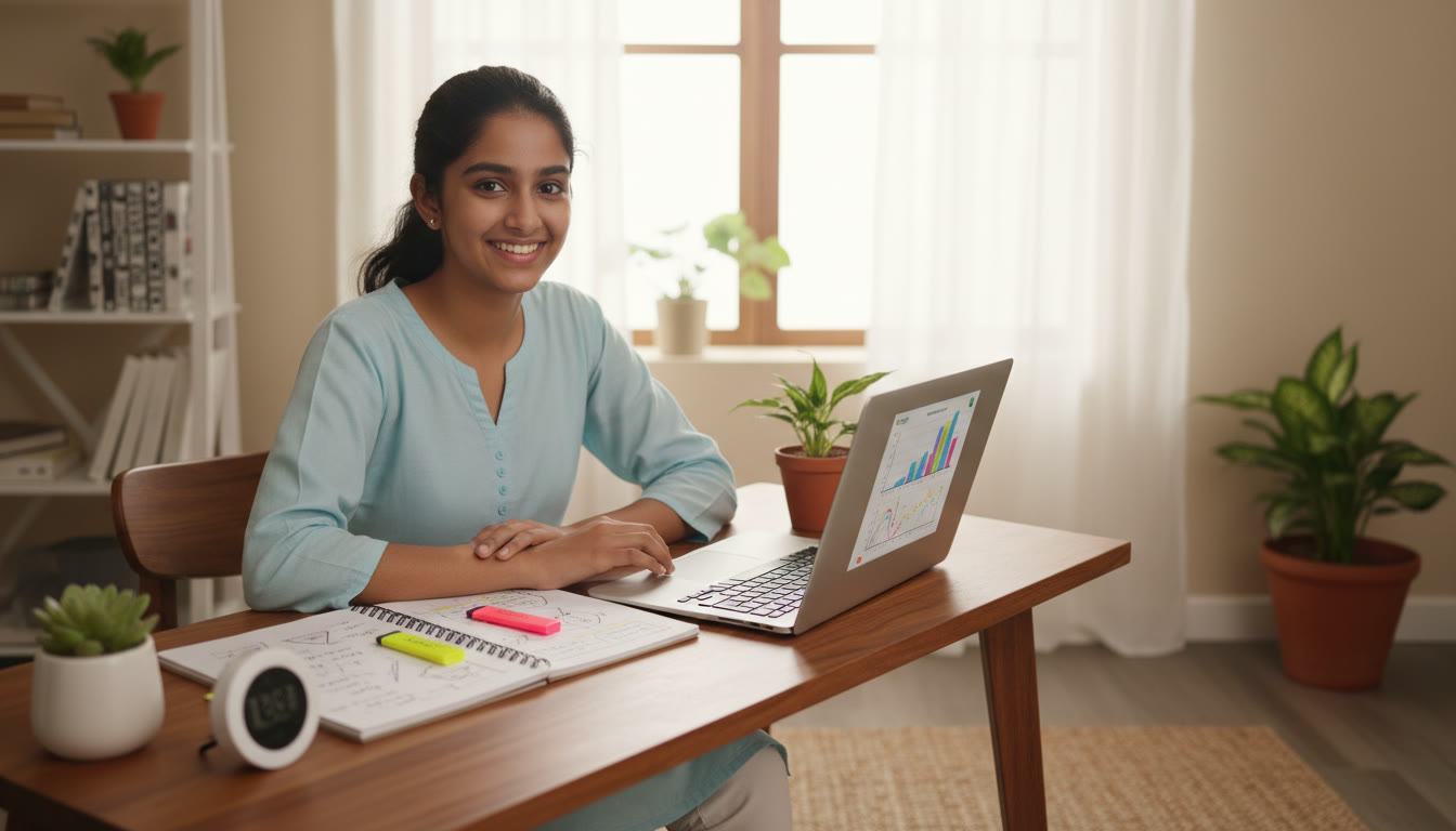 Photo Idea : Student at a desk, laptop open to a mock test, notebook with highlighted notes and a timer on the table