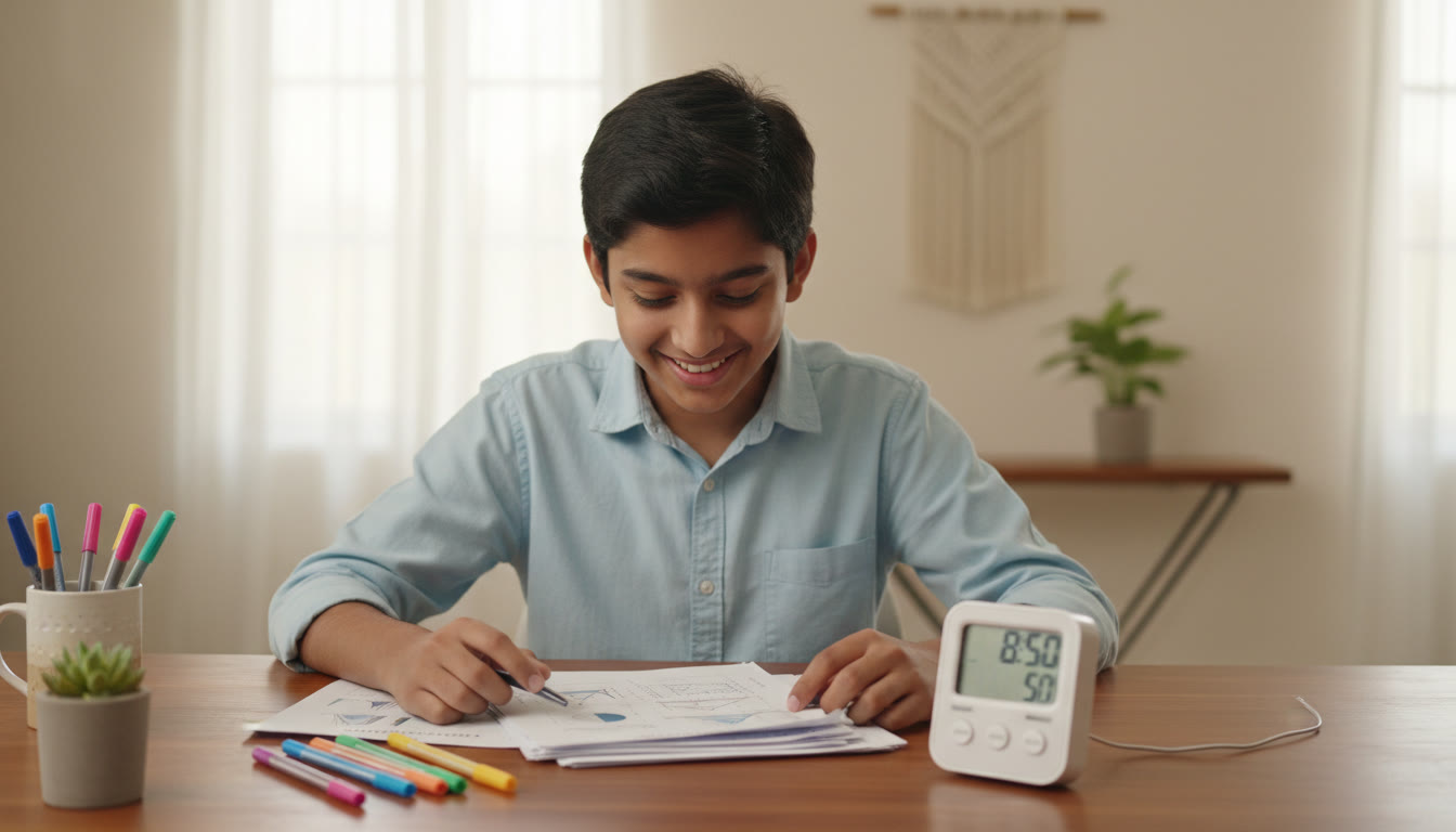 Photo Idea : A student at a tidy desk working through practice papers with colourful pens and a timer