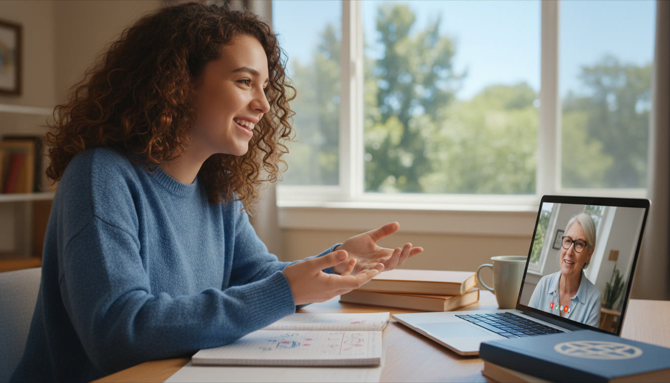 Photo Idea : Student practicing French conversation with a tutor over video call