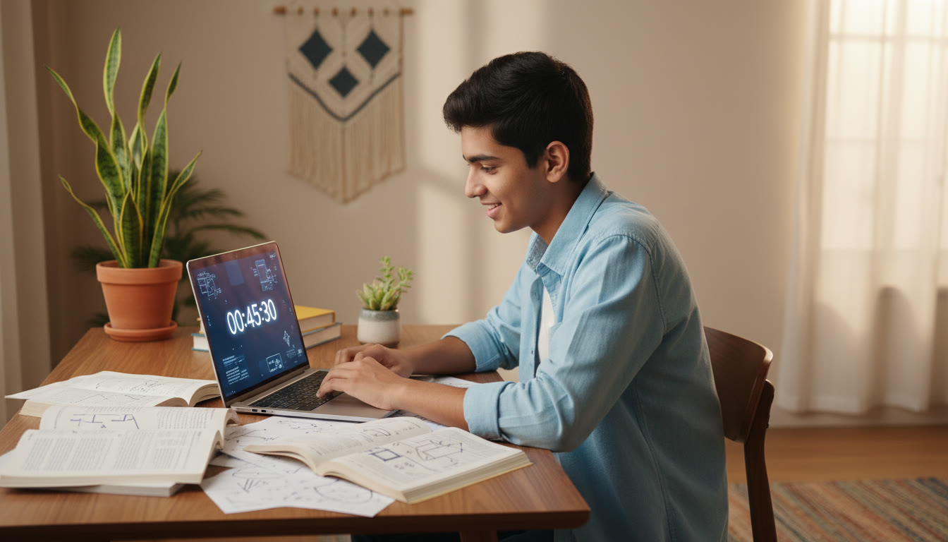 Photo Idea : focused student at desk with mock-test timer on laptop and scattered physics and math notes