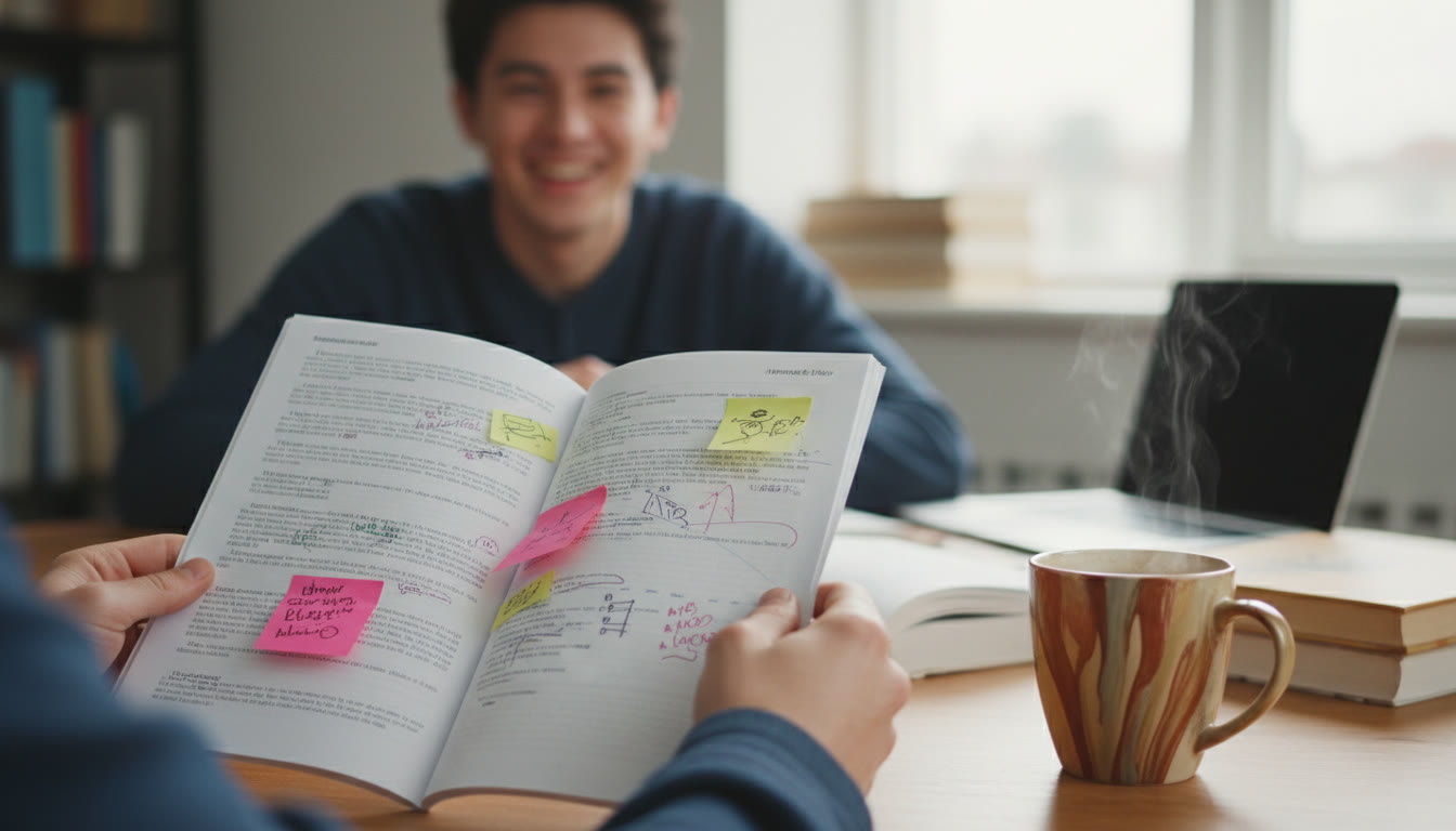Photo Idea : Close-up of a student holding an Extended Essay with annotated notes and a cup of coffee nearby