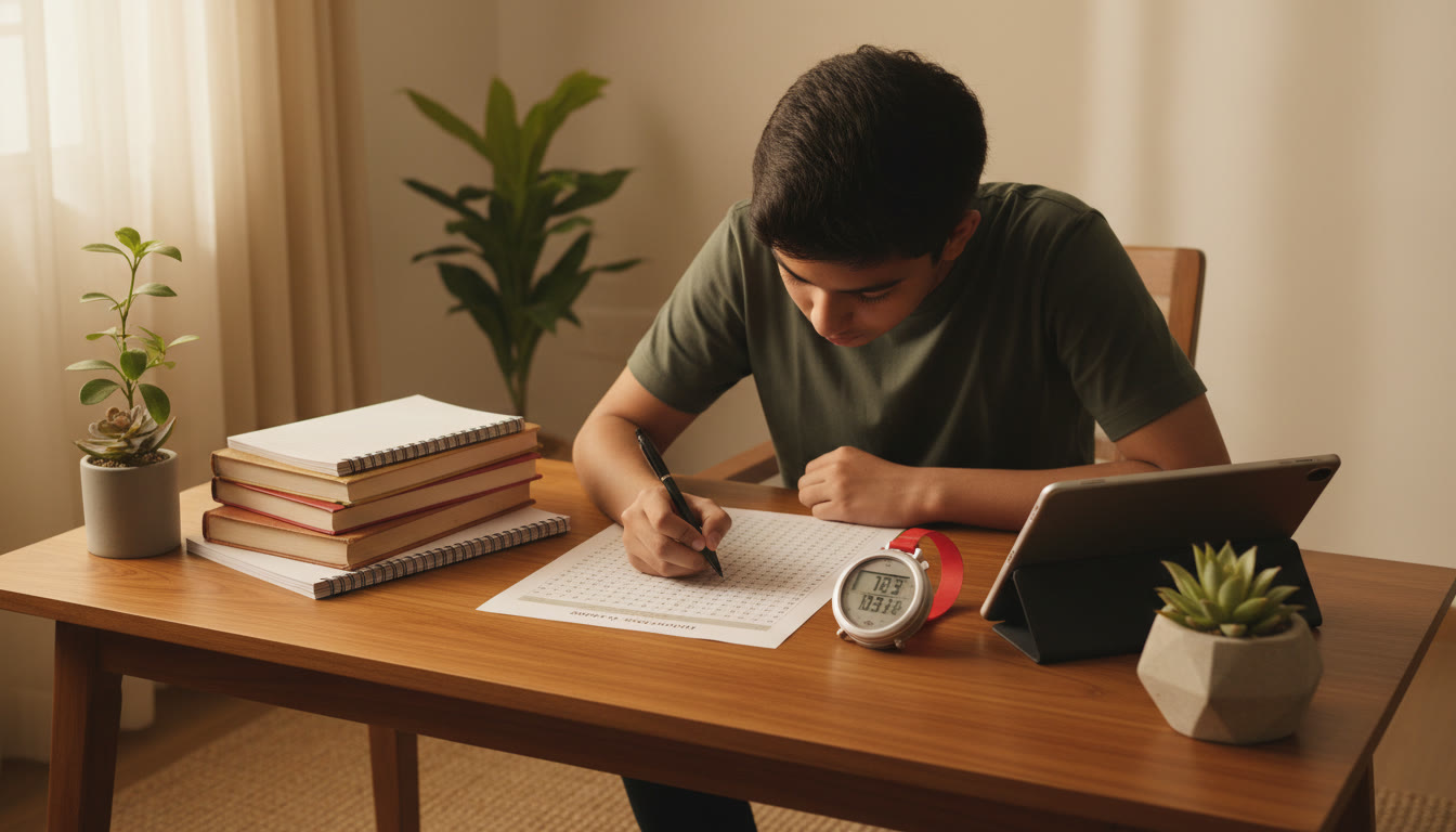 Photo Idea : A student marking answers on an OMR sheet with a stopwatch, showing focused test simulation