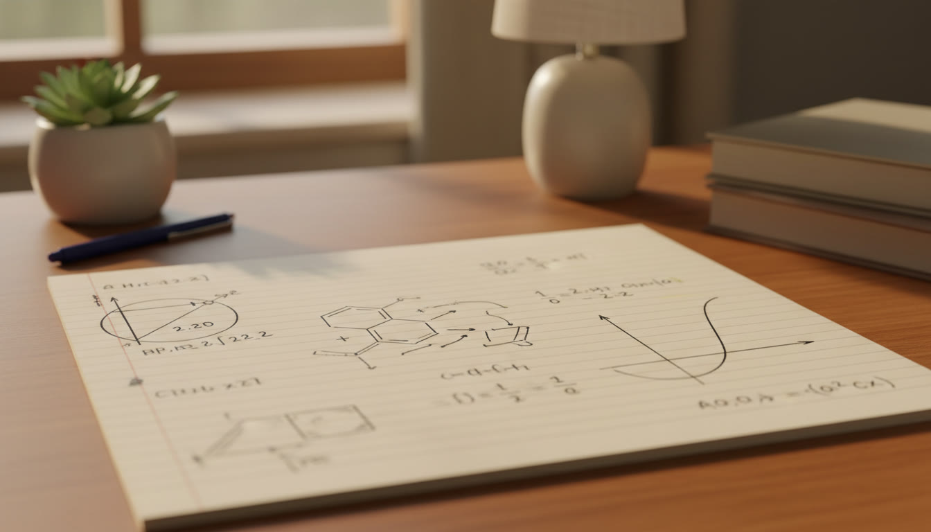 Photo Idea : Close-up of handwritten notes showing a solved physics diagram, a reaction mechanism, and a calculus solution side by side