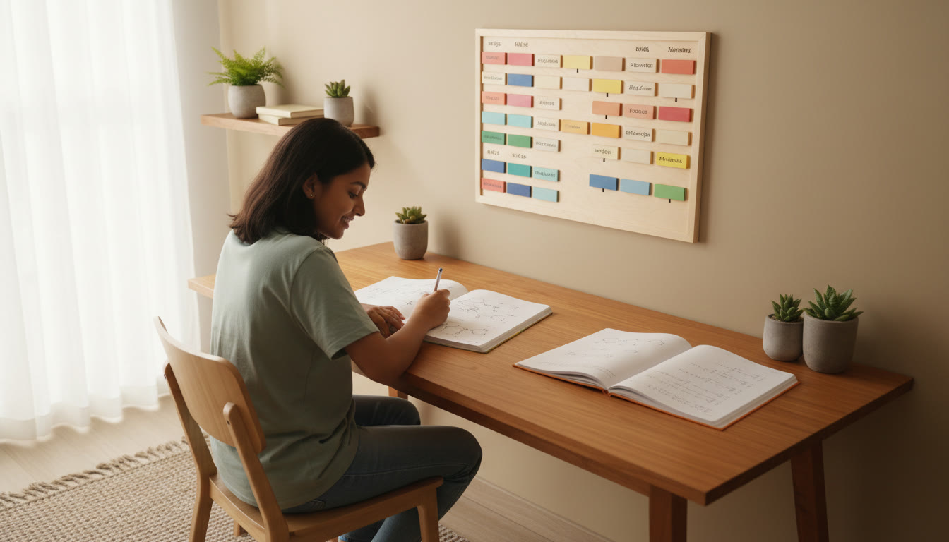 Photo Idea : A focused student at a desk with a wall timetable and open notebooks for physics, chemistry, and mathematics