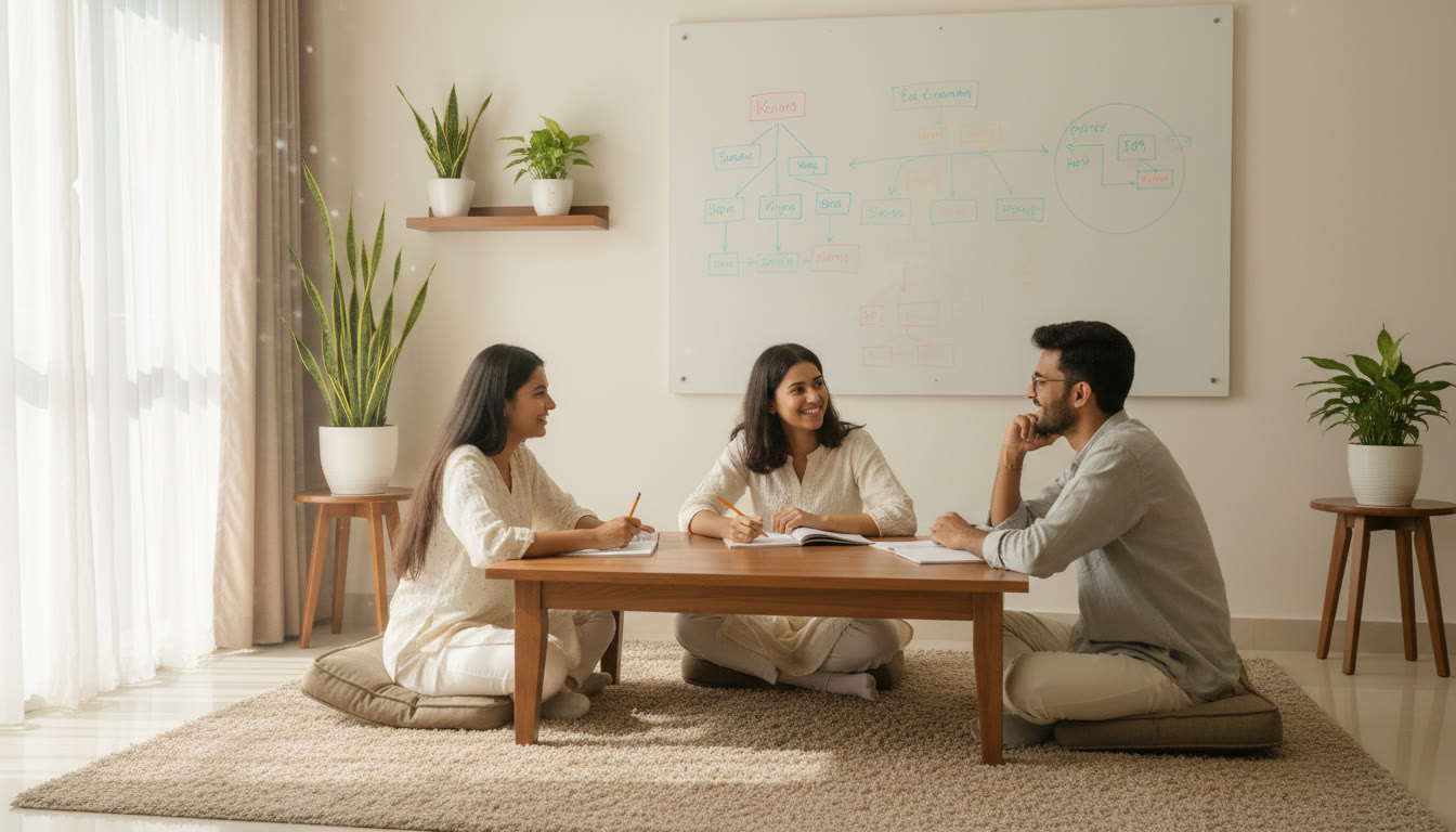 Photo Idea : A small group tutoring session with a mentor explaining diagrams on a whiteboard.