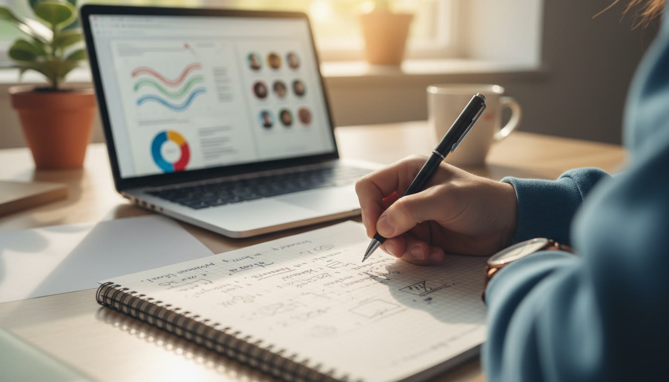 Photo Idea : A close-up of a student’s hands writing on a notebook with a laptop showing a shared document in the background