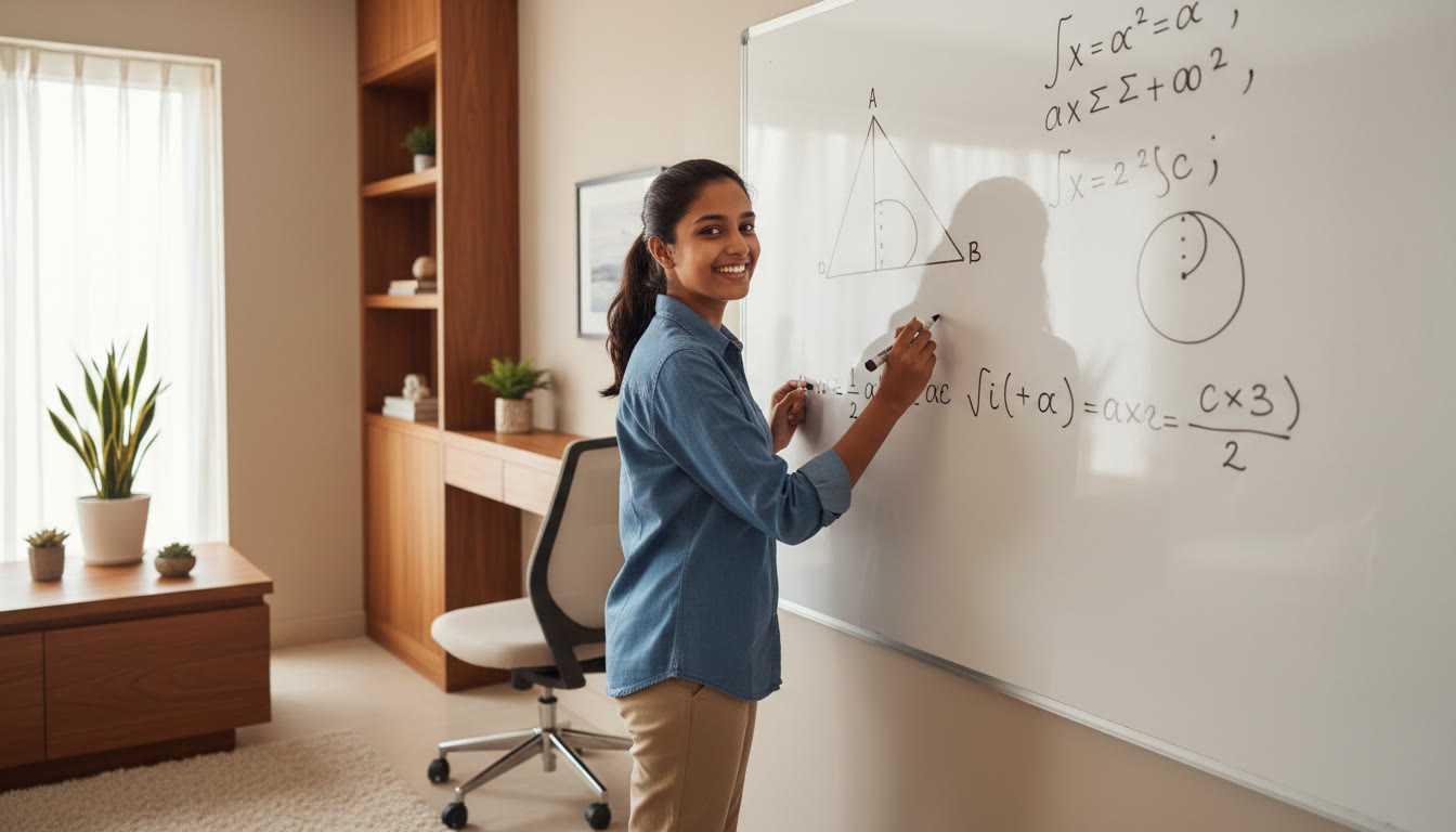 Photo Idea : A student writing on a whiteboard with geometric diagrams and equations visible