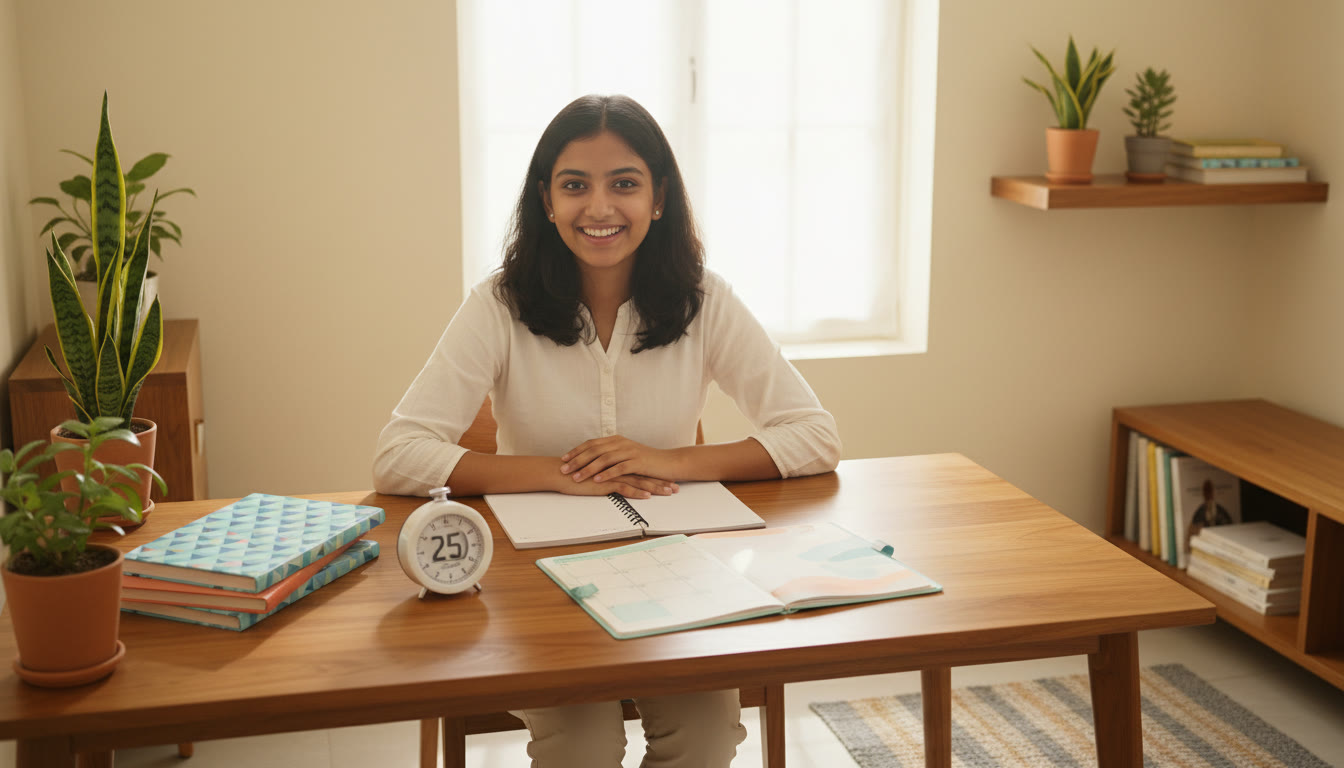 Photo Idea : Student at a desk with textbooks, notebook, timer and a calm planner laid out