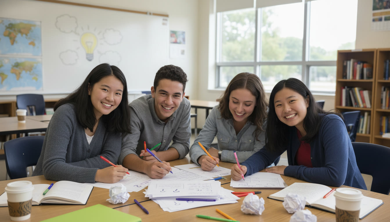 Photo Idea : students gathered around a table marking up a draft TOK essay with colored pens
