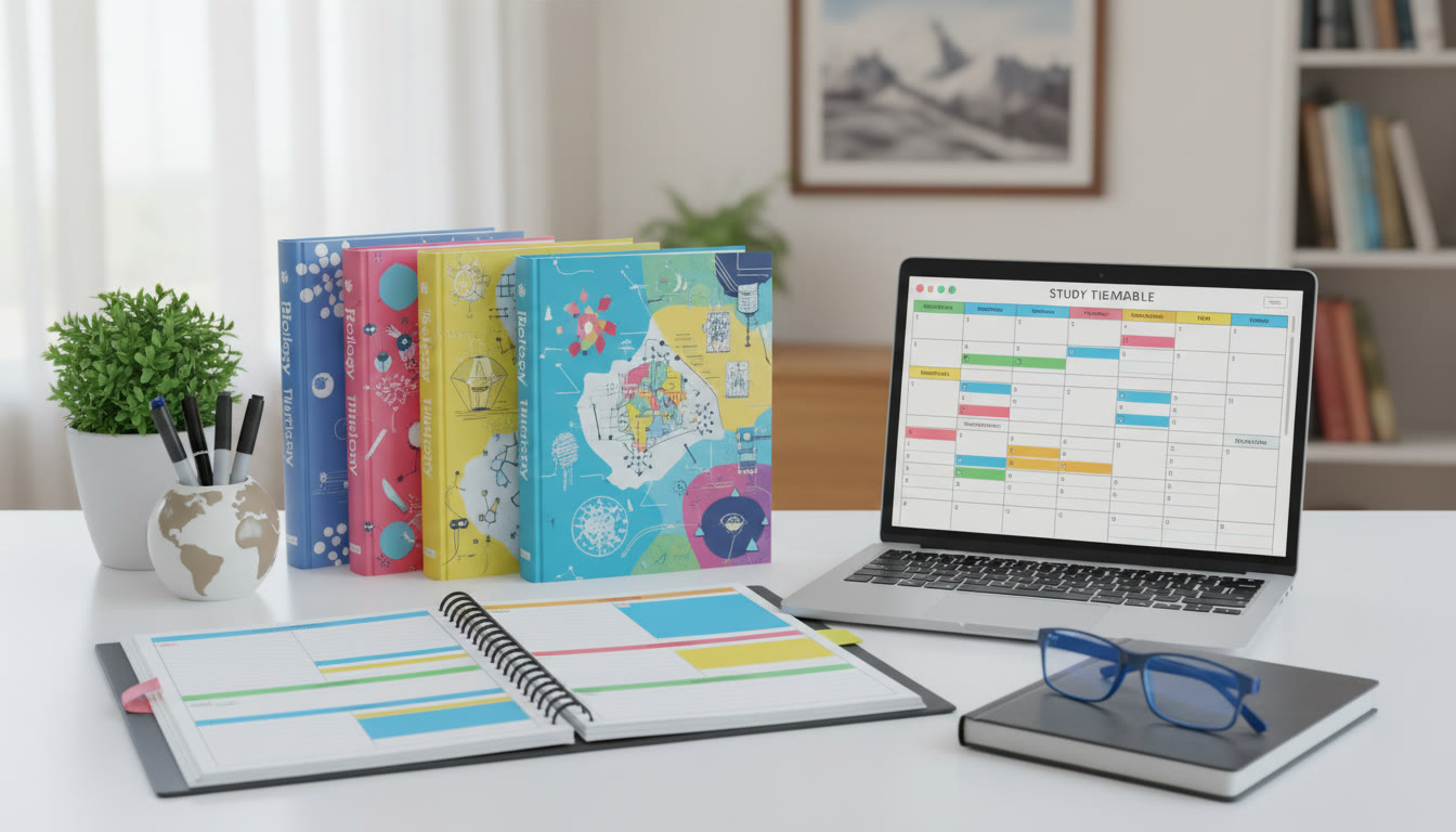 Photo Idea : a tidy study desk with IB textbooks, color-coded planner, and a laptop showing a study timetable