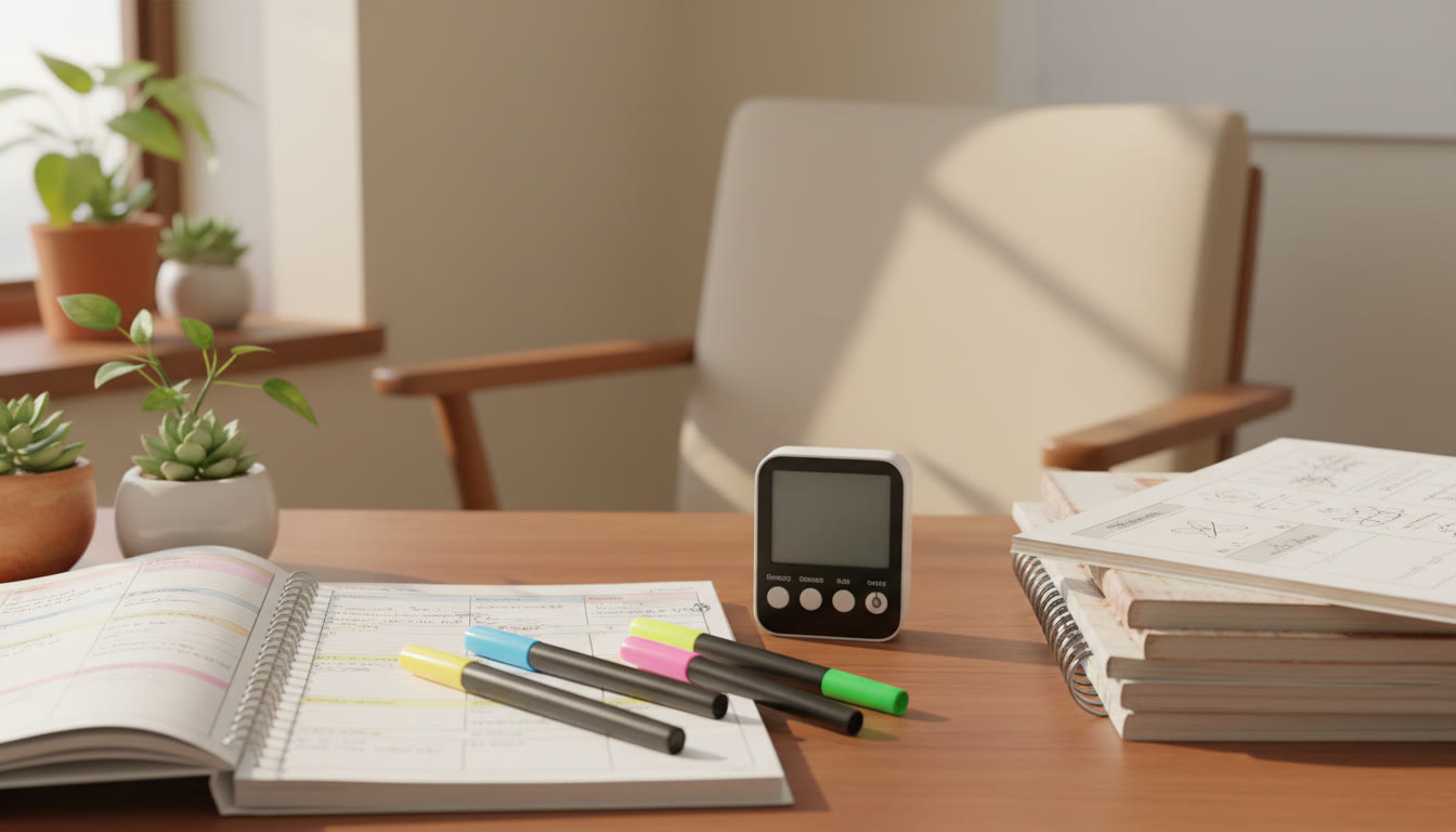 Photo Idea : Close-up of a study planner, highlighters, and a countdown timer beside a problem set