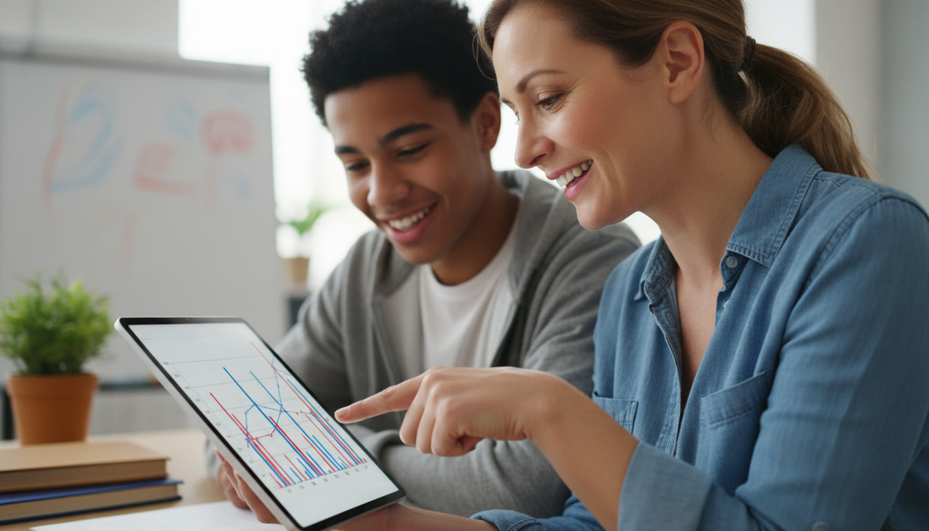 Photo Idea : Close-up of a teacher and student pointing at a plotted graph on a tablet, discussing error bars