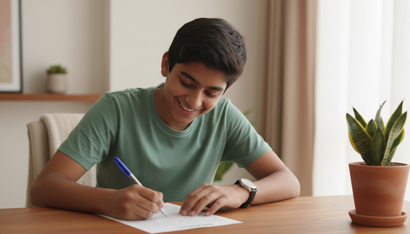 Photo Idea : Student filling an OMR sheet with a pen and a wristwatch visible