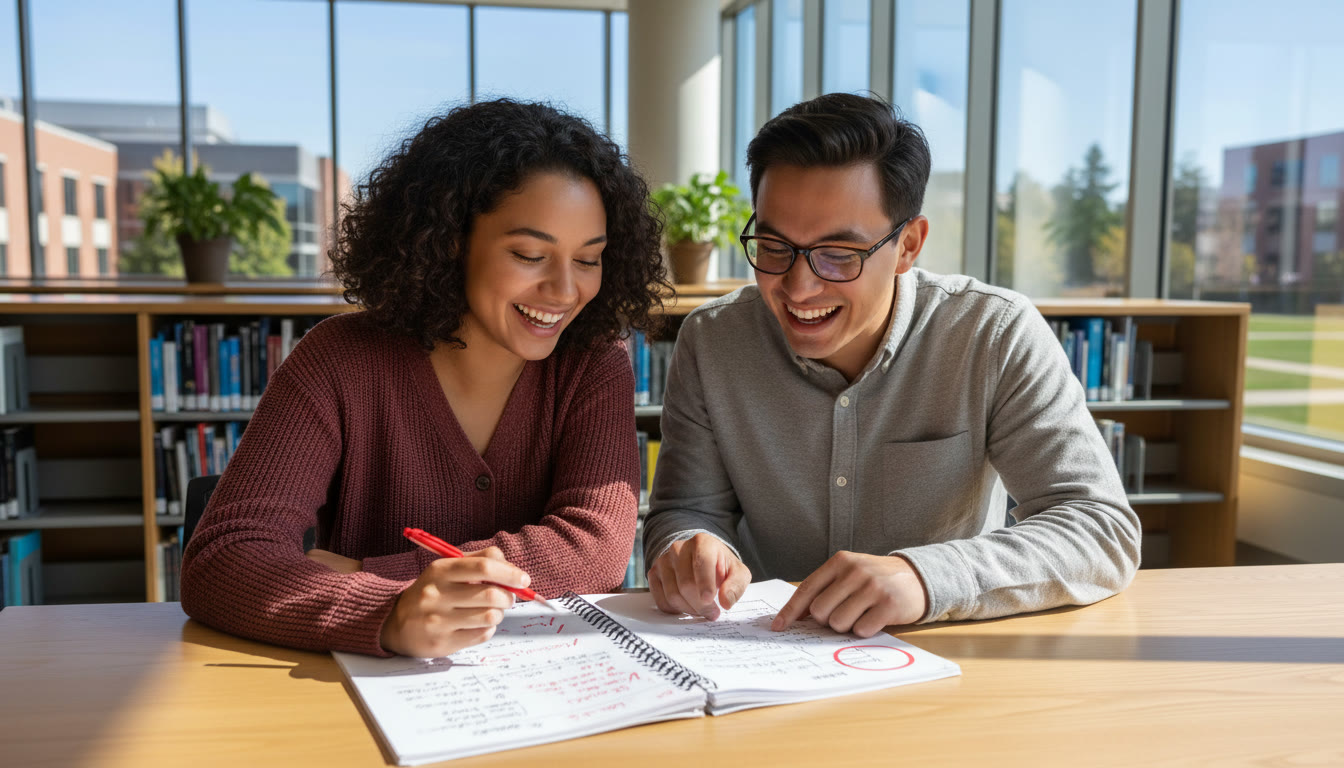 Photo Idea : Two students smiling while checking a completed timed practice paper