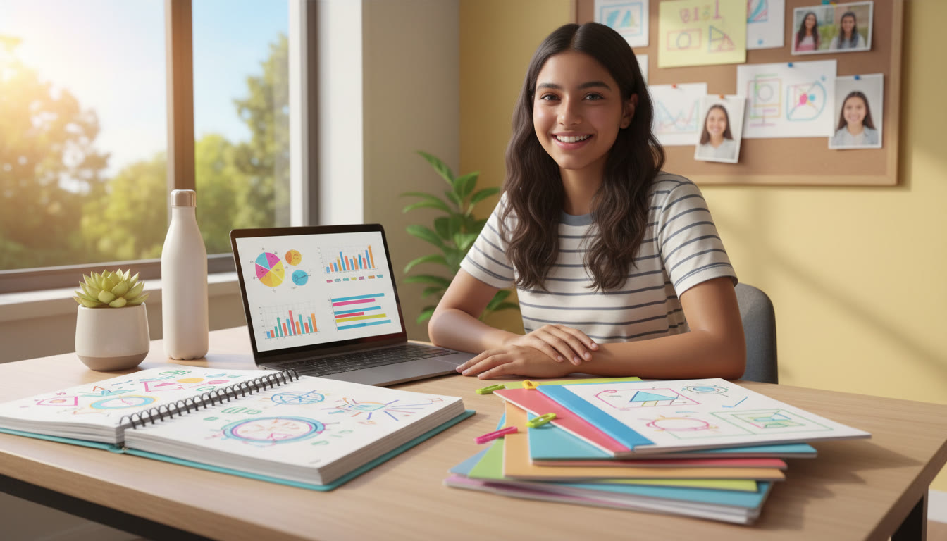 Photo Idea : Student at a study desk with neatly arranged notes, laptop and a planner
