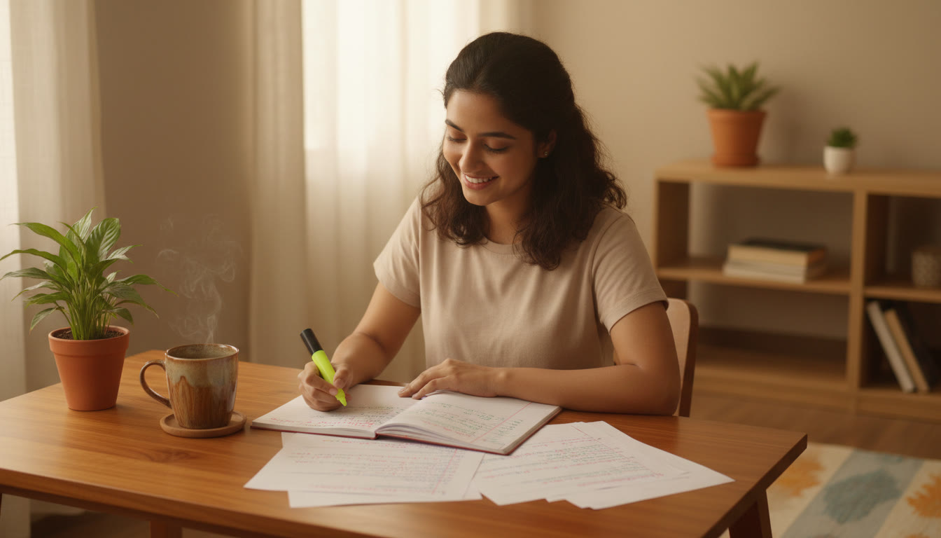 Photo Idea : A student reviewing mistakes after a mock test with color-coded notes and a calm tea mug nearby