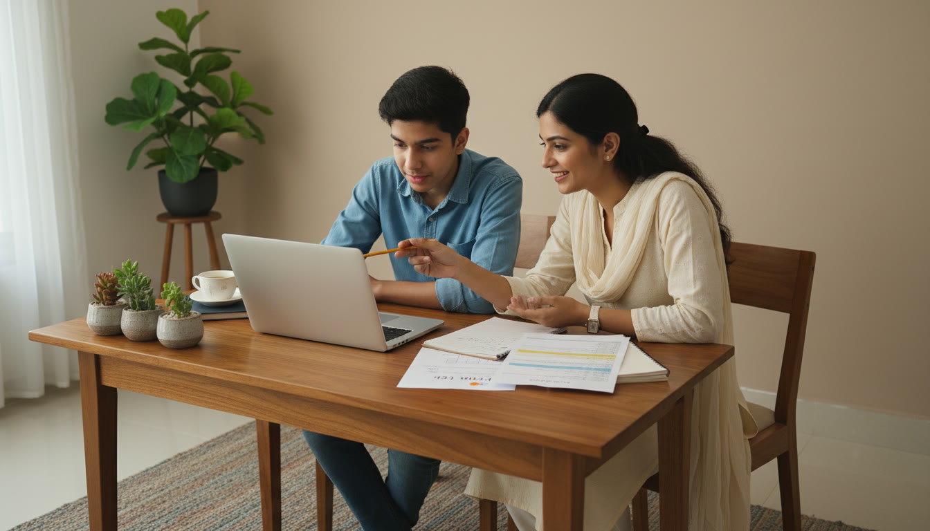 Photo Idea : Student and tutor discussing mock analysis on a laptop with a printed error log and notes