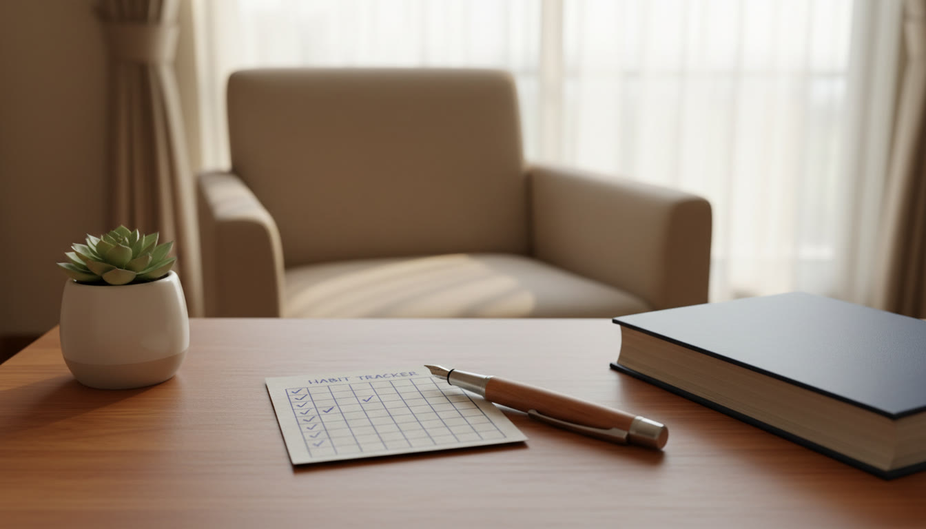 Photo Idea : A small habit tracker on a desk with checked boxes, a pen, and a closed problem book