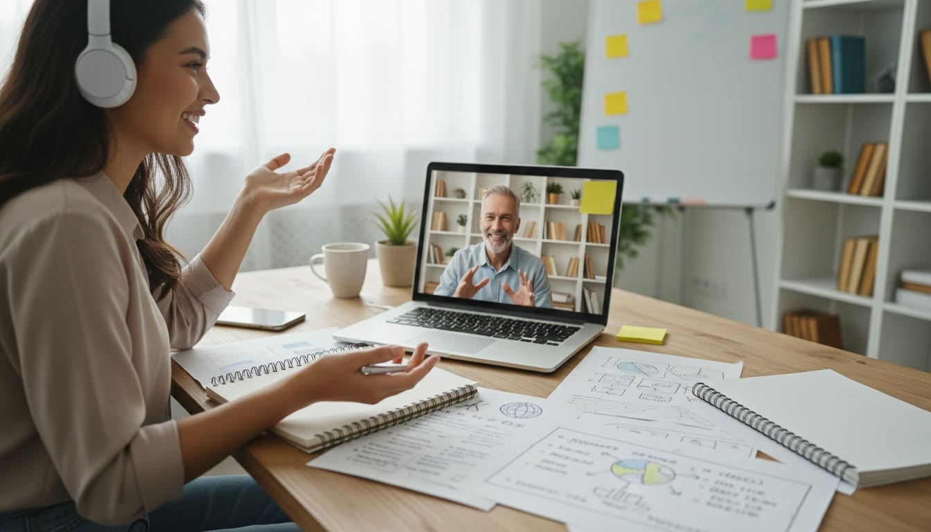 Photo Idea : A student and tutor practicing an interview over video call with notes visible