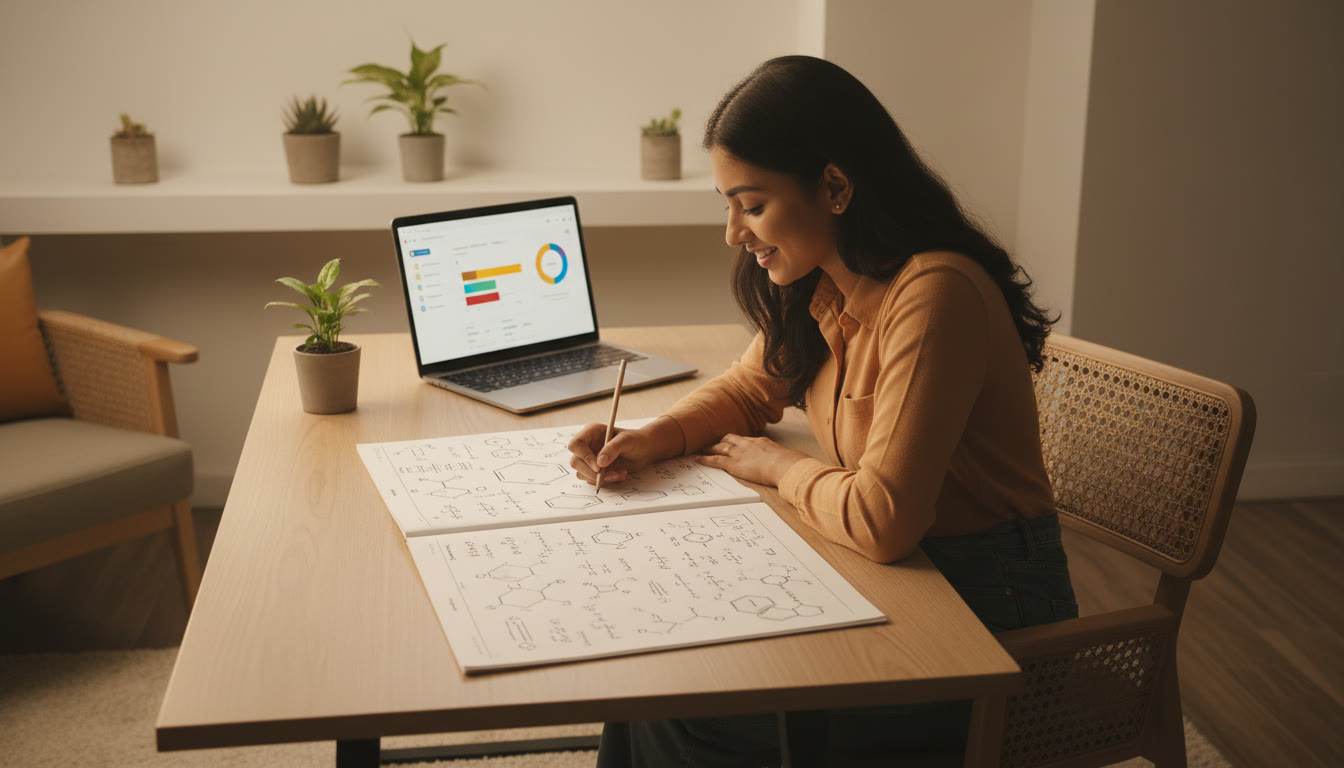 Photo Idea : Student bent over a notebook sketching diagrams and equations, with a laptop showing a timed mock test in the background.