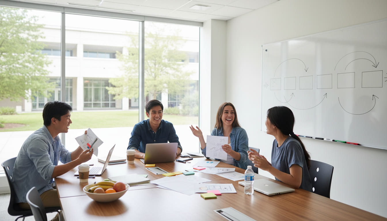 Photo Idea : Small group meeting around a table with action notes and a whiteboard timeline