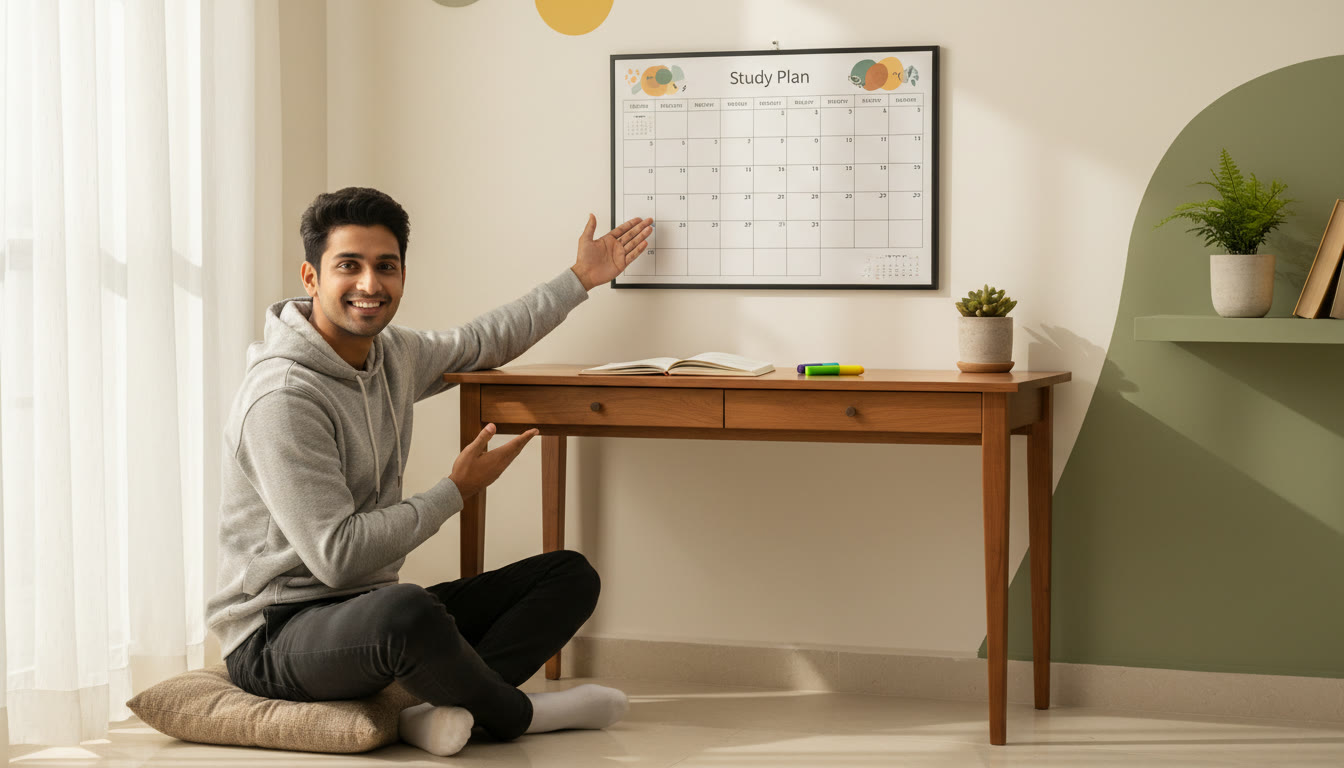 Photo Idea : Student at a tidy study desk with a wall calendar showing a 12-month plan and open notebook