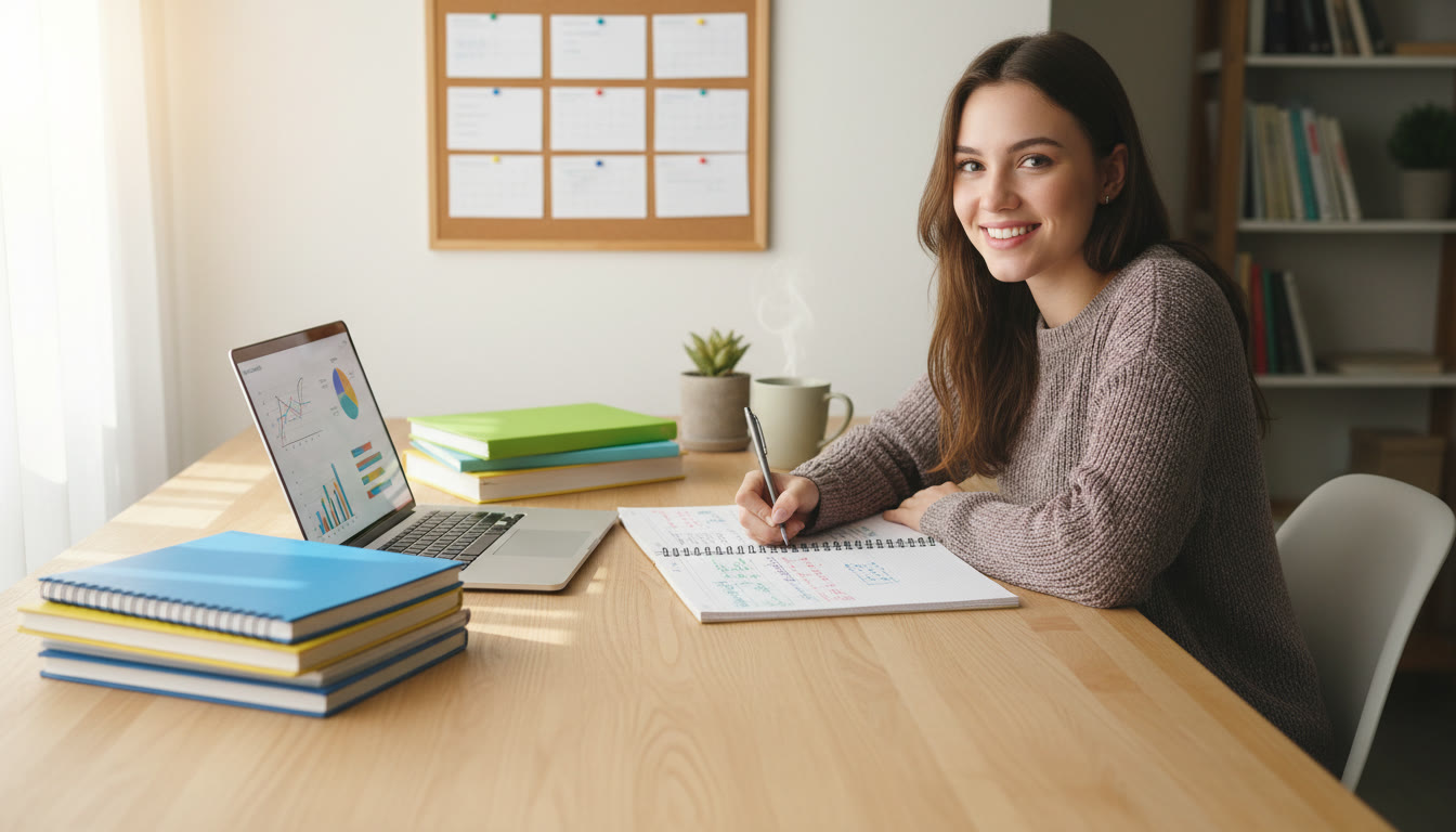 Photo Idea : student at a tidy desk surrounded by notebooks and a laptop, a calendar with pinned deadlines visible