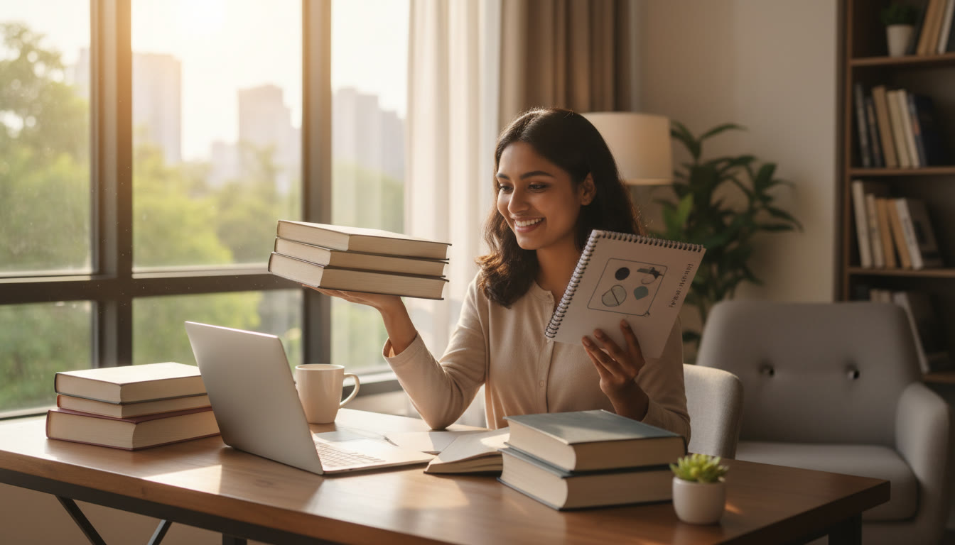 Photo Idea : student at a desk balancing textbooks and a laptop with a notebook labeled essays