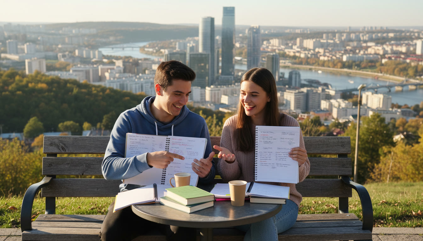 Photo Idea : Two students comparing notes on a bench with city skyline behind them, coffee cups on the table