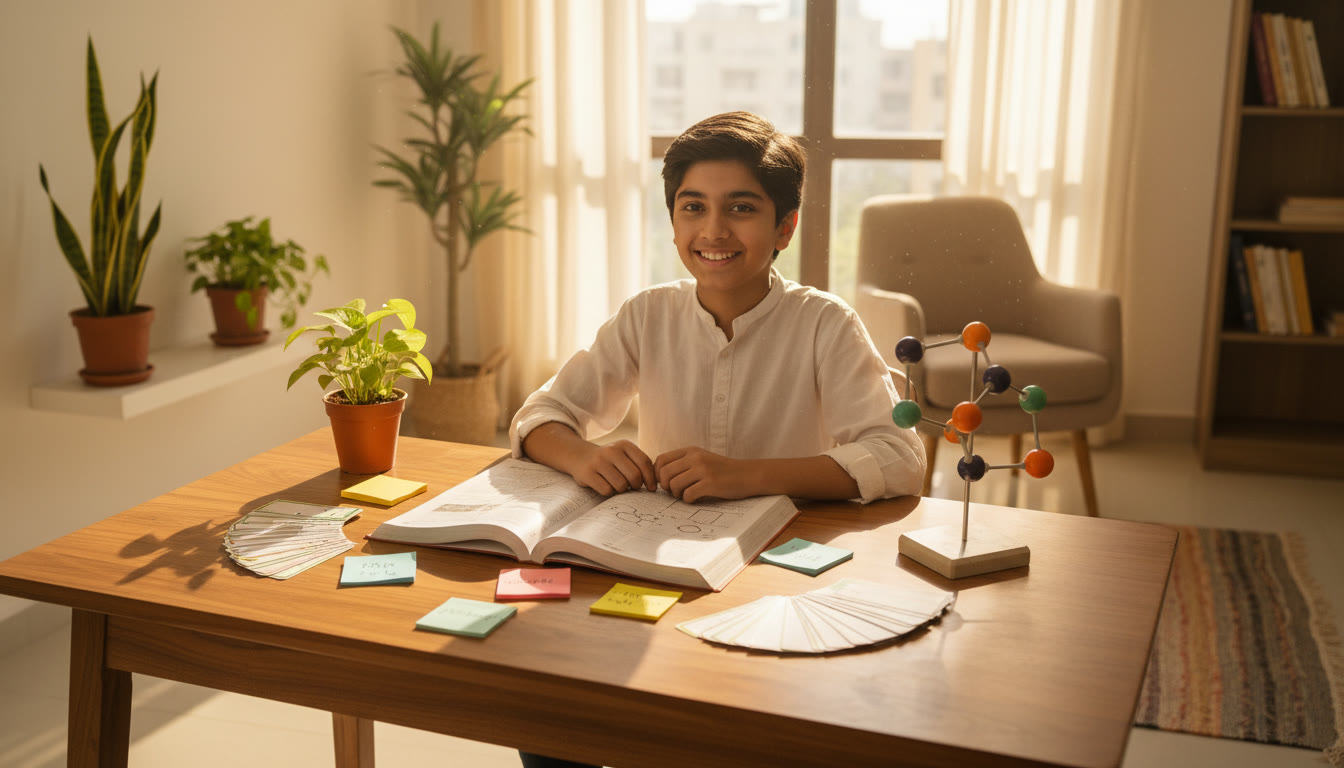 Photo Idea : [Student at a sunlit desk with NCERT open, sticky notes, flashcards and a simple molecular model]